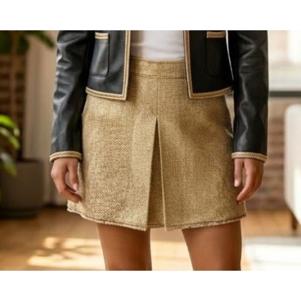 Banana Republic Mini Skirt Gold Metallic Textured Box Pleat Jacquard Tweed 0/XS
